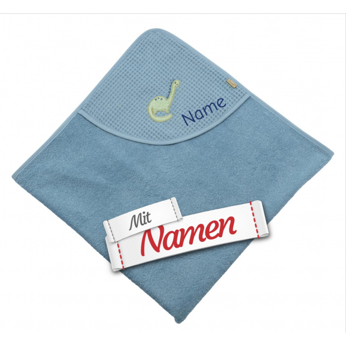 Sterntaler Kapuzenbadetuch mit Namen bestickt, Dino Rexi Badetuch mit Stickerei personalisiert - Babybadetuch mit Kapuze aus Waffelpikee, blau