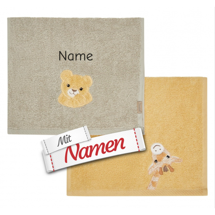 Sterntaler Kinderhandtuch mi Namen bestickt, Doppelpack Giraffe & Löwe 50x30cm  für Babys und Kleinkinder