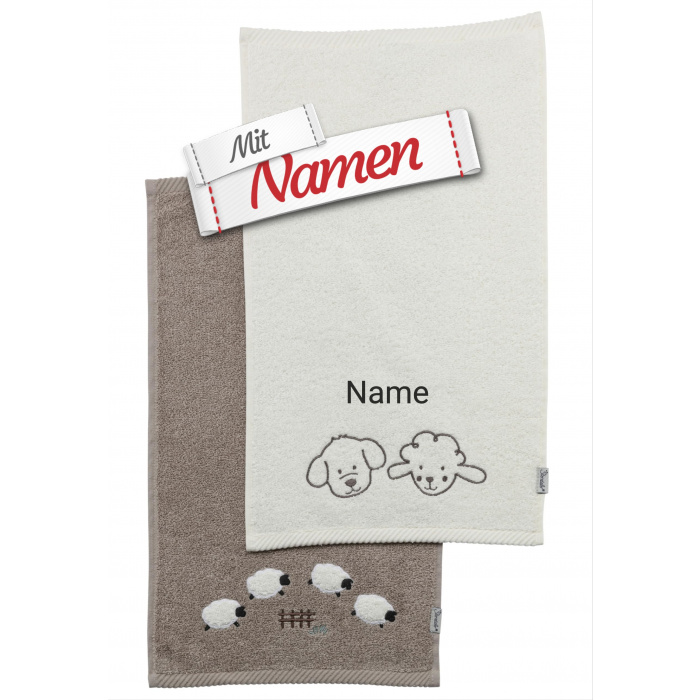 Sterntaler Kinderhandtuch mit Namen bestickt / personalisiert, Hund & Lamm – 2er Pack, 1 Handtuch bestickt