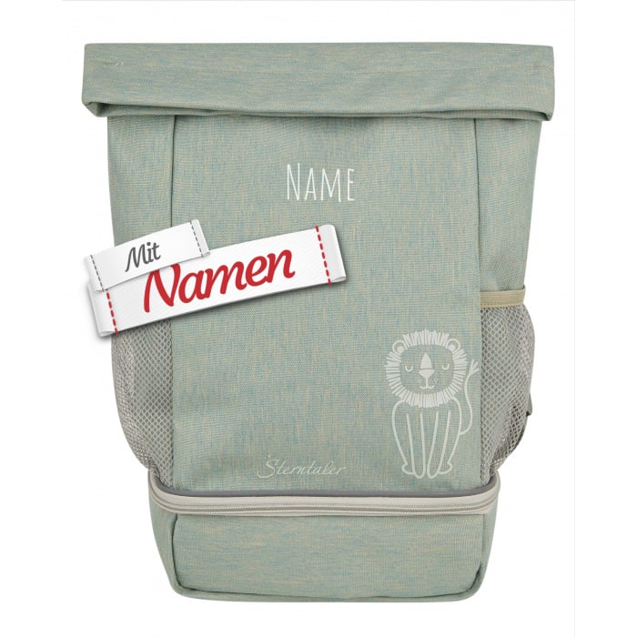 Sterntaler Kinderrucksack Löwe Leo mit Namen bestickt, Rucksack mit Nassfach, moosgrün