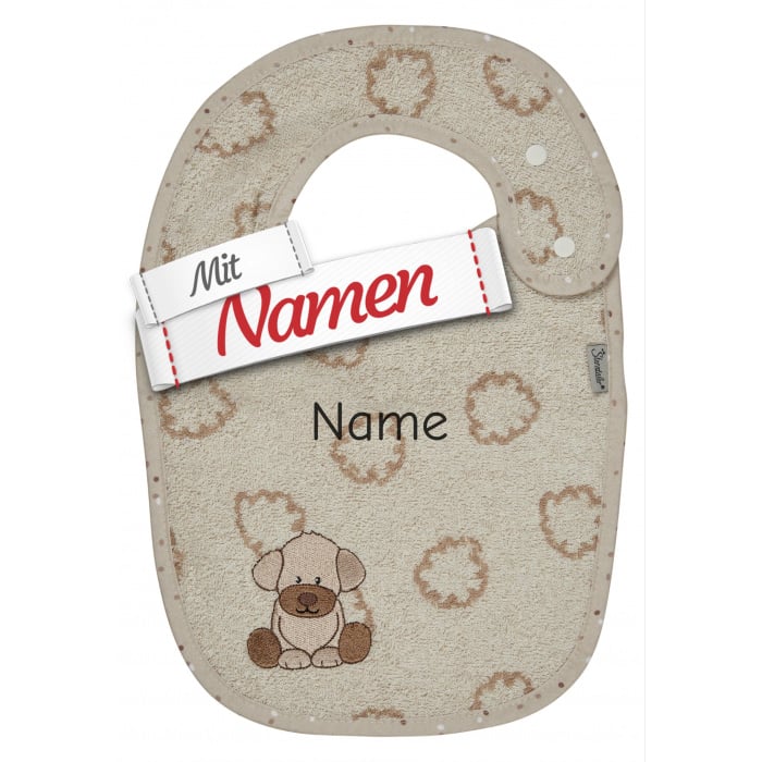 Sterntaler Lätzchen Hund Lucky mit Namen bestickt, Druckknopf, 38 x 26 cm Ecru