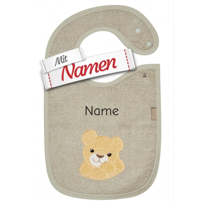 Sterntaler Lätzchen Löwe Leo mit Namen bestickt, Druckknopf, 38 x 26 cm Steingrau