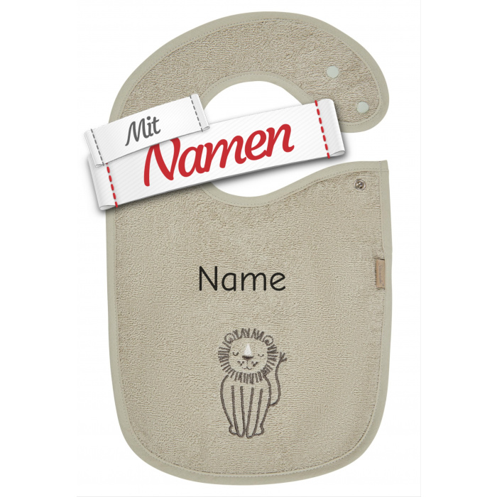 Sterntaler Lätzchen Löwe Leo mit Namen bestickt, wasserdicht, 38 x 26 cm Steingrau