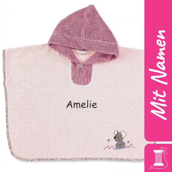 Bestickter Sterntaler Poncho Maus Mabel, Rosa, Geschenk für Mädchen