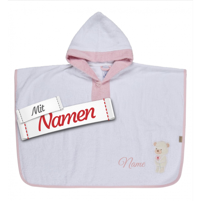 Sterntaler Poncho personalisiert mit Namen – Bär Betty in Rosa Weiß, bestickt für Mädchen