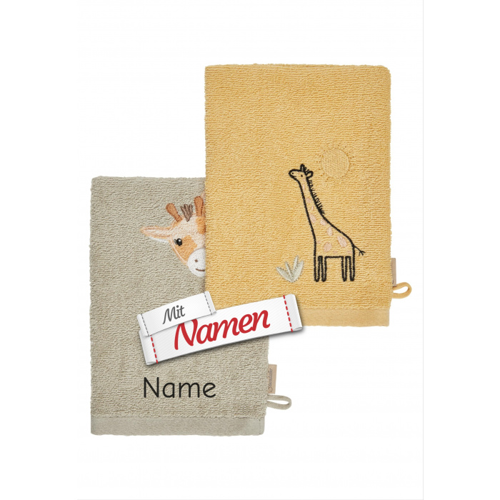Sterntaler Waschhandschuhe mit Namen bestickt – Doppelpack Giraffe, grau & farbig