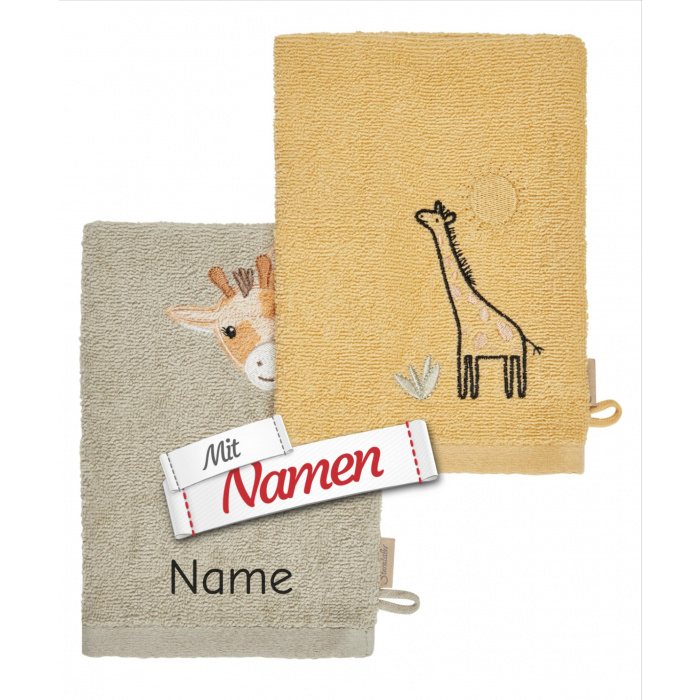 Sterntaler Waschhandschuhe mit Namen bestickt – Doppelpack Giraffe, grau & farbig
