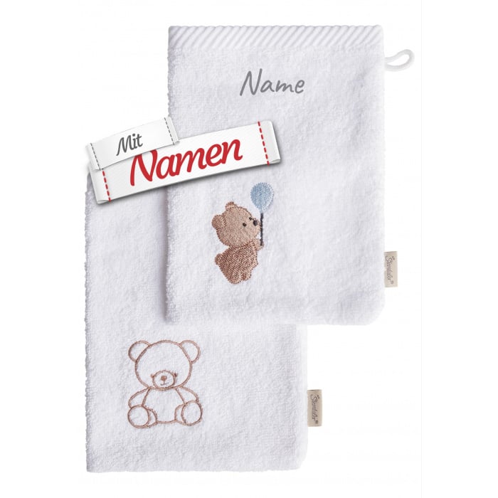 Sterntaler Waschlappen 2er Set Bär Bo weiß mit Namen bestickt, Babygeschenk