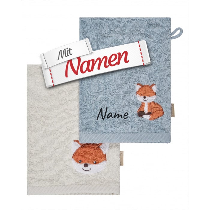 Sterntaler Waschlappen 2er Set Fuchs Filou mit Namen bestickt, Geschenk zur Geburt