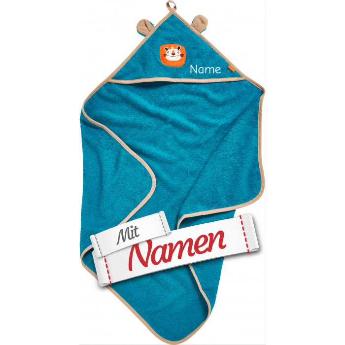 Tiger Kapuzenhandtuch mit Namen bestickt, Serie Dschungel von Playshoes – Personalisiertes Kapuzentuch