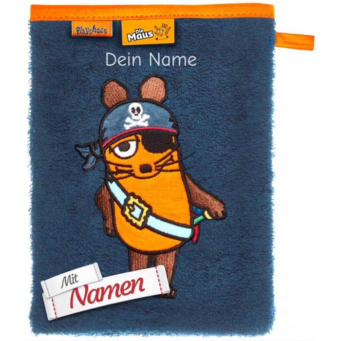 Waschhandschuh mit Namen bestickt, DIE MAUS als Pirat, Waschlappen für Baby und Kinder