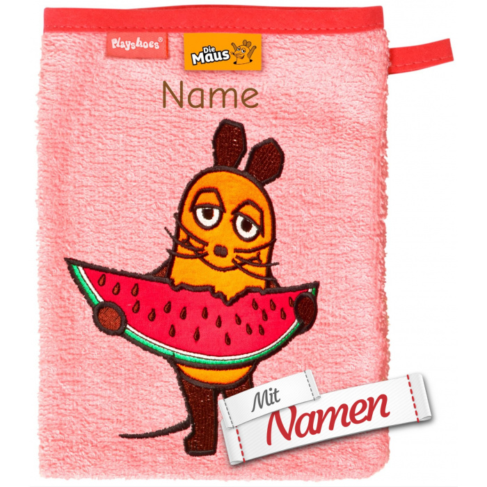 Waschhandschuh mit Namen bestickt, DIE MAUS mit Melone, Waschlappen für Baby, Mädchen