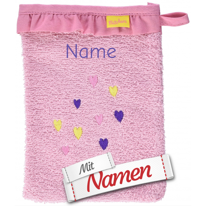 Waschhandschuh mit Namen bestickt, Herzen und Rüschen, Waschlappen für Baby, Mädchen