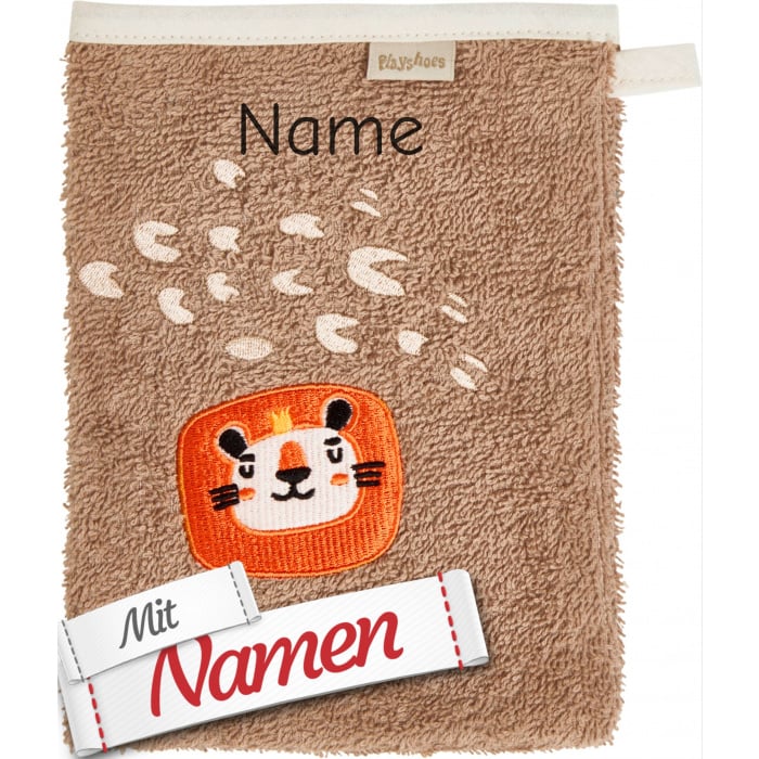 Waschhandschuh mit Namen bestickt, Löwe auf Braun, Waschlappen für Baby und Kinder