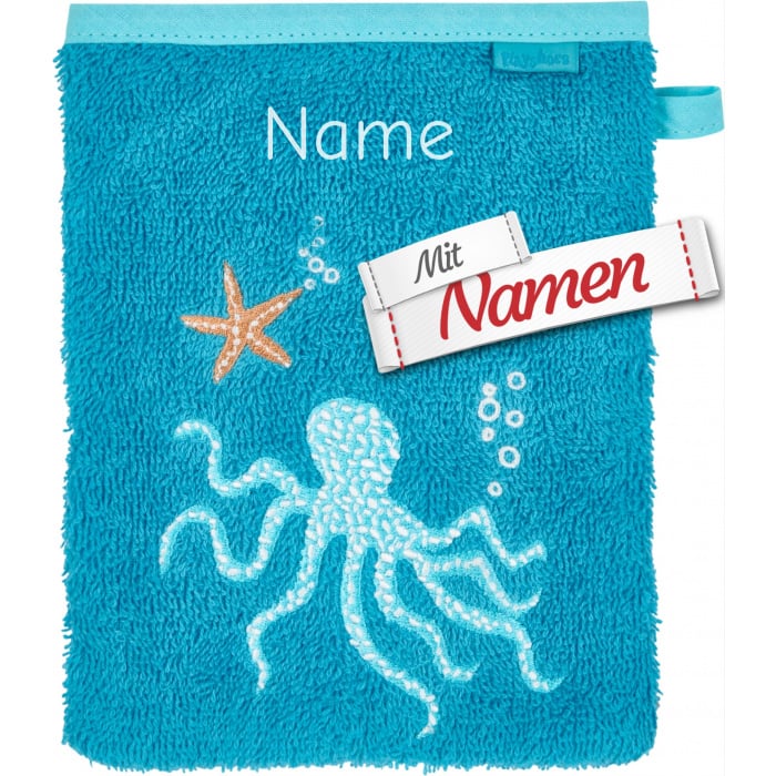 Waschhandschuh mit Namen bestickt, Oktopus und Seestern, Waschlappen für Baby und Kinder