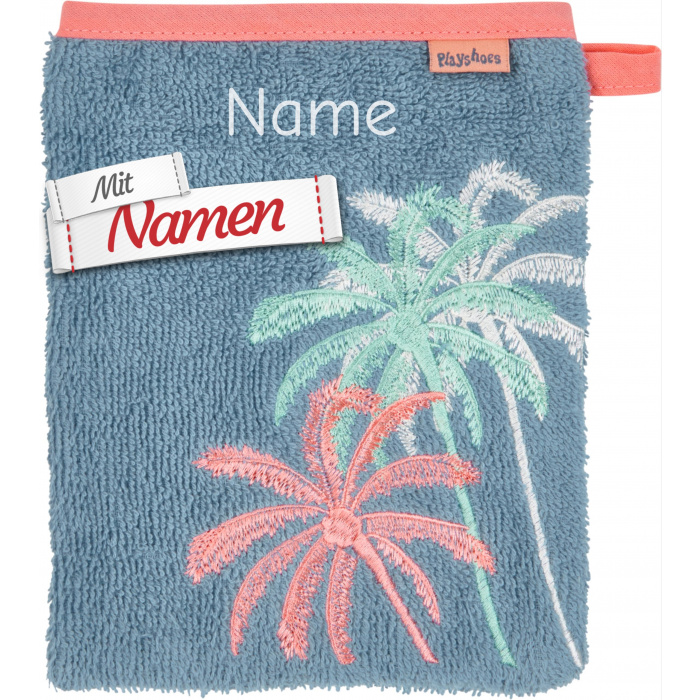 Waschhandschuh mit Namen bestickt, Palmen auf Blau, Waschlappen für Baby und Kinder