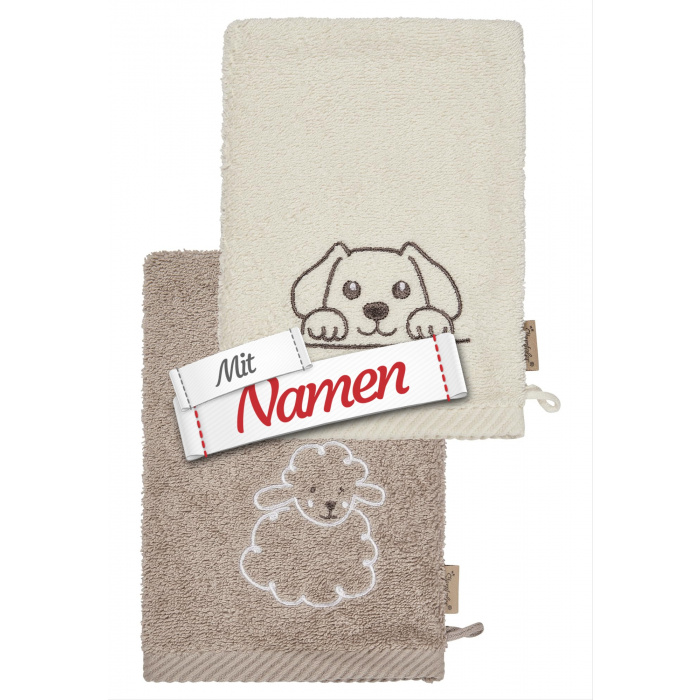 Waschhandschuh mit Namen personalisiert Hund – Sterntaler Bauernhof Hund & Lamm, bestickt im 2er Pack