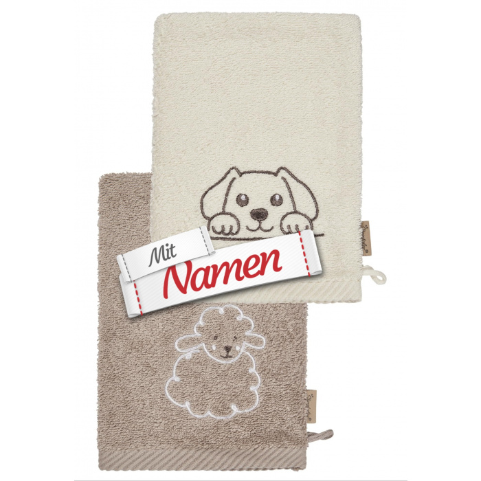 Waschhandschuh mit Namen personalisiert Hund – Sterntaler Bauernhof Hund & Lamm, bestickt im 2er Pack