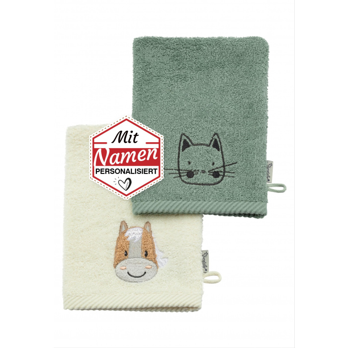 Waschhandschuh mit Namen personalisiert – Sterntaler Bauernhof Pferd & Katze, bestickt im 2er Pack