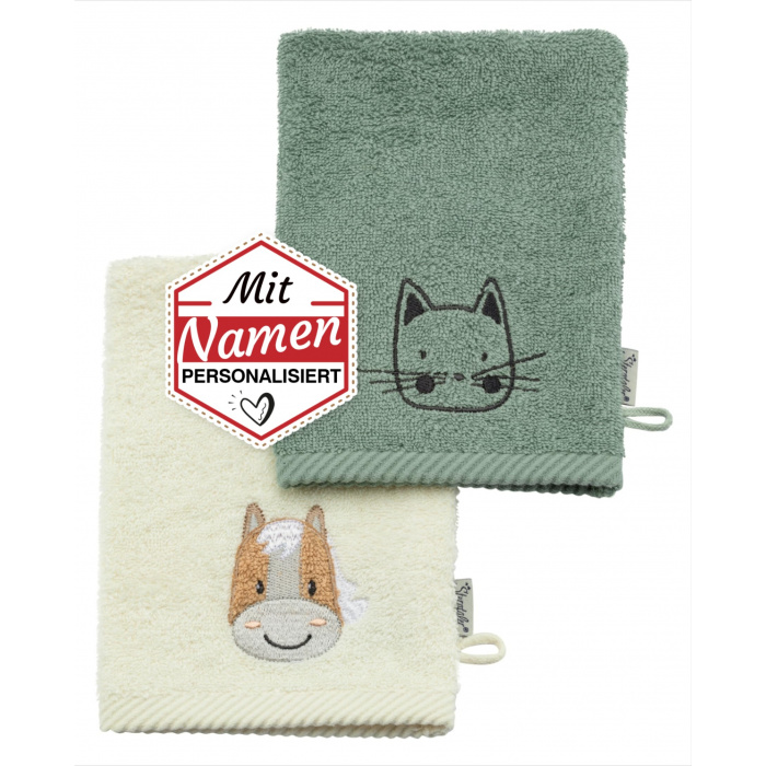Waschhandschuh mit Namen personalisiert – Sterntaler Bauernhof Pferd & Katze, bestickt im 2er Pack