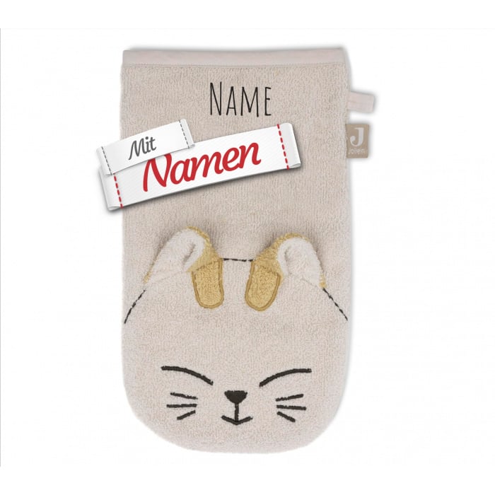 Waschlappen Baby personalisiert mit Namen, Waschhandschuh Katze Charlie aus Frottee
