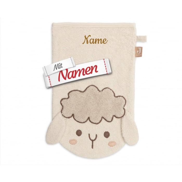 Waschlappen Baby personalisiert mit Namen, Waschhandschuh Schaf Sonny aus Frottee