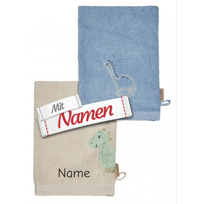 Waschlappen mit Namen bestickt Dino Rexi Dinosaurier – Sterntaler Doppelpack Waschhandschuhe mit Dino-Stickmotiv, Namensstick nur auf grauem Waschlappen