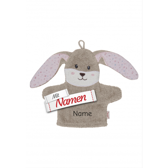Waschlappen mit Namen Hanni Hase von Sterntaler bestickt – persönlicher Waschhandschuh aus Baumwolle