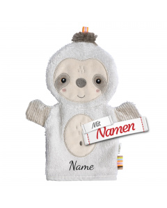 Baby Faultier Waschlappen personalisiert – Fehn Waschhandschuh mit Namen bestickt