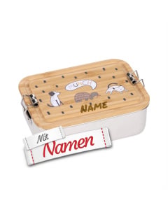 Brotdose Kinder mit Namen graviert, Lässig Happy Prints, Edelstahl mit Bambusdeckel