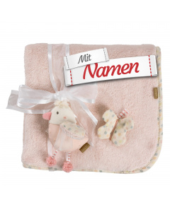 Geschenk zur Geburt: Fehn Rosa Kuscheldecke Vogel mit Namen bestickt für Mädchen