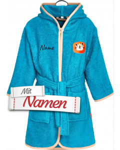 Playshoes Kinder Bademantel mit Namen bestickt – Dschungel Löwe in Größe 98/104, personalisiert