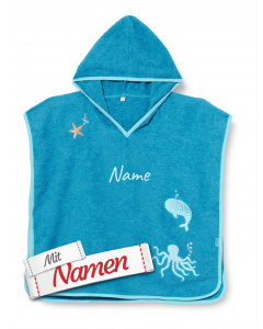 Playshoes Kinder Poncho personalisiert, Kinder Meerestiere Badeponcho in Türkis, mit Namen bestickt, Größe S bis ca. 4 Jahre