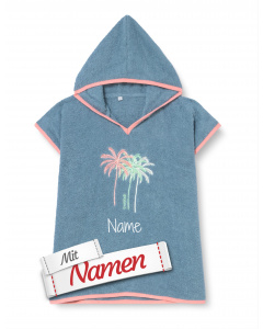 Playshoes Mädchen Poncho personalisiert – Mädchen Palmen Frottee-Badeponcho in Blau Rosa, Größe L 4 bis 8 Jahre, mit Namen bestickt