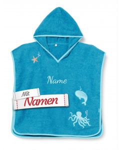 Playshoes Poncho personalisiert – Kinder Meerestiere Frottee-Badeponcho in Türkis, Größe L ab 4 Jahre, mit Namen bestickt