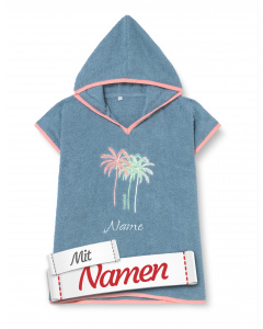 Playshoes Poncho personalisiert – Palmen Frottee-Badeponcho in Blau Rosa, Größe S 1–4 Jahre, Name bestickt