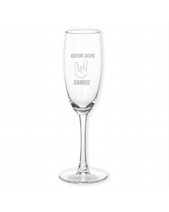 Sektglas zur Abitur 2026 Feier mit Rockhand Gravur