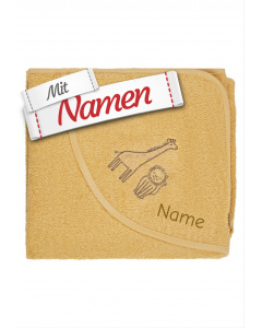 Sterntaler Baby Kapuzenbadetuch mit Namen bestickt Giraffe Kaya und L&ouml;we, Badetuch personalisiert mit niedlicher Applikation f&uuml;r Babys und Kleinkinder, Ocker