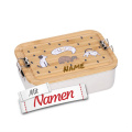 Brotdose Kinder mit Namen graviert, Lässig Happy Prints, Edelstahl mit Bambusdeckel