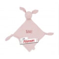 Schmusetuch personalisiert mit Namen, Hase Rosa, Schnuffeltuch mit Schnullerhalter