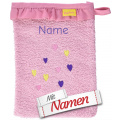 Waschhandschuh mit Namen bestickt, Herzen und Rüschen, Waschlappen für Baby, Mädchen
