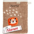 Waschhandschuh mit Namen bestickt, Löwe auf Braun, Waschlappen für Baby und Kinder