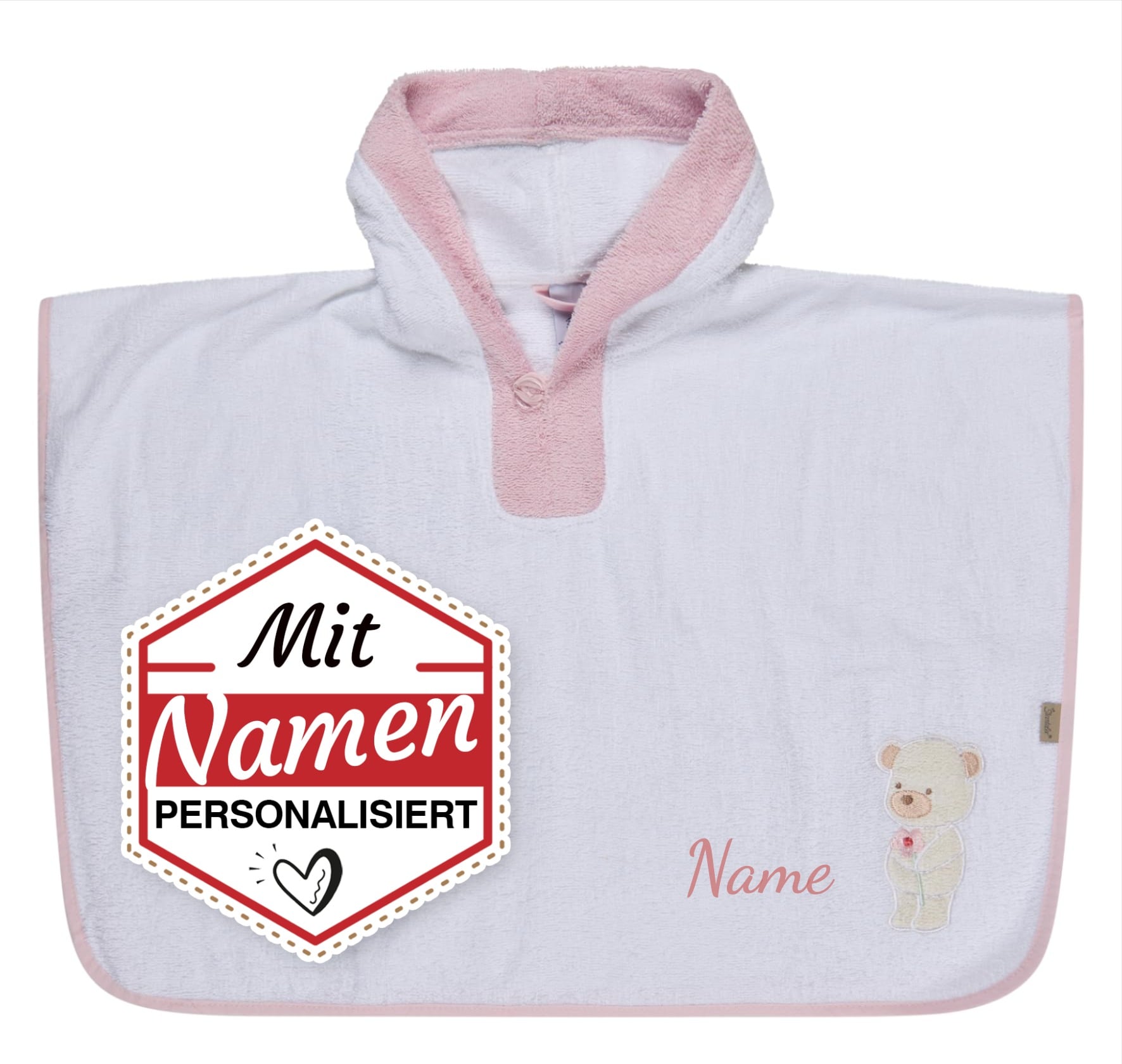 Sterntaler Poncho personalisiert mit Namen – Bär Betty in Rosa Weiß, bestickt für Mädchen