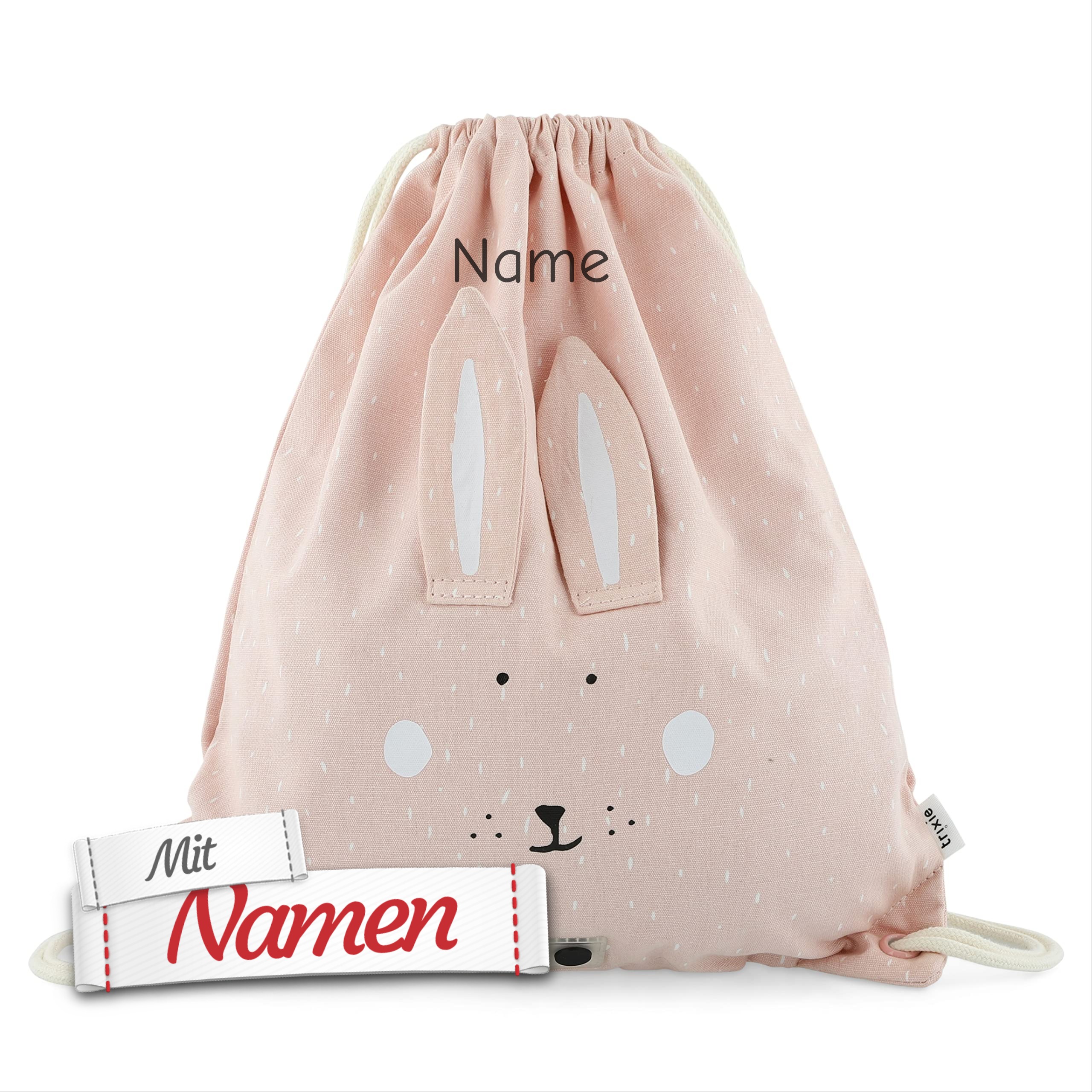 Trixie Turnbeutel mit Namen Mrs. Rabbit Hase bestickt – für Schule, Sport und Kindergarten